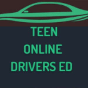 A green car is shown on the side of the road.
